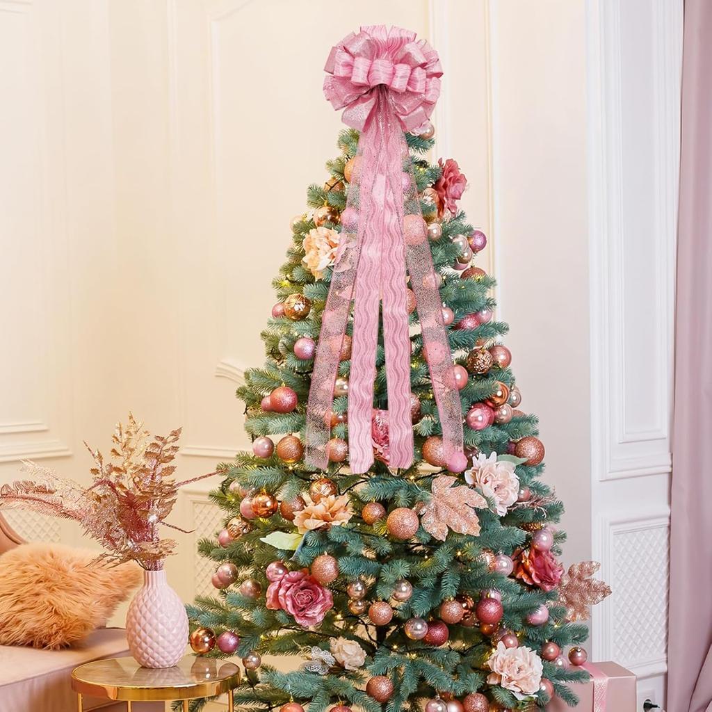Christmas Tree Topper, 32x12 Inches Large Toppers Bow with Glitter Satin Mesh Streamer, Pink Christmas Tree Topper for Christmas Home Decoration