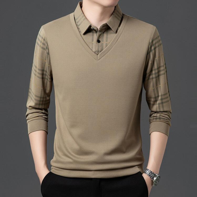 Men Fake Two Pieces Polo Shirts With Fleece Warm Winter Wear Casual Business Long Sleeve T-Shirts Autumn Clothing For Wholesales