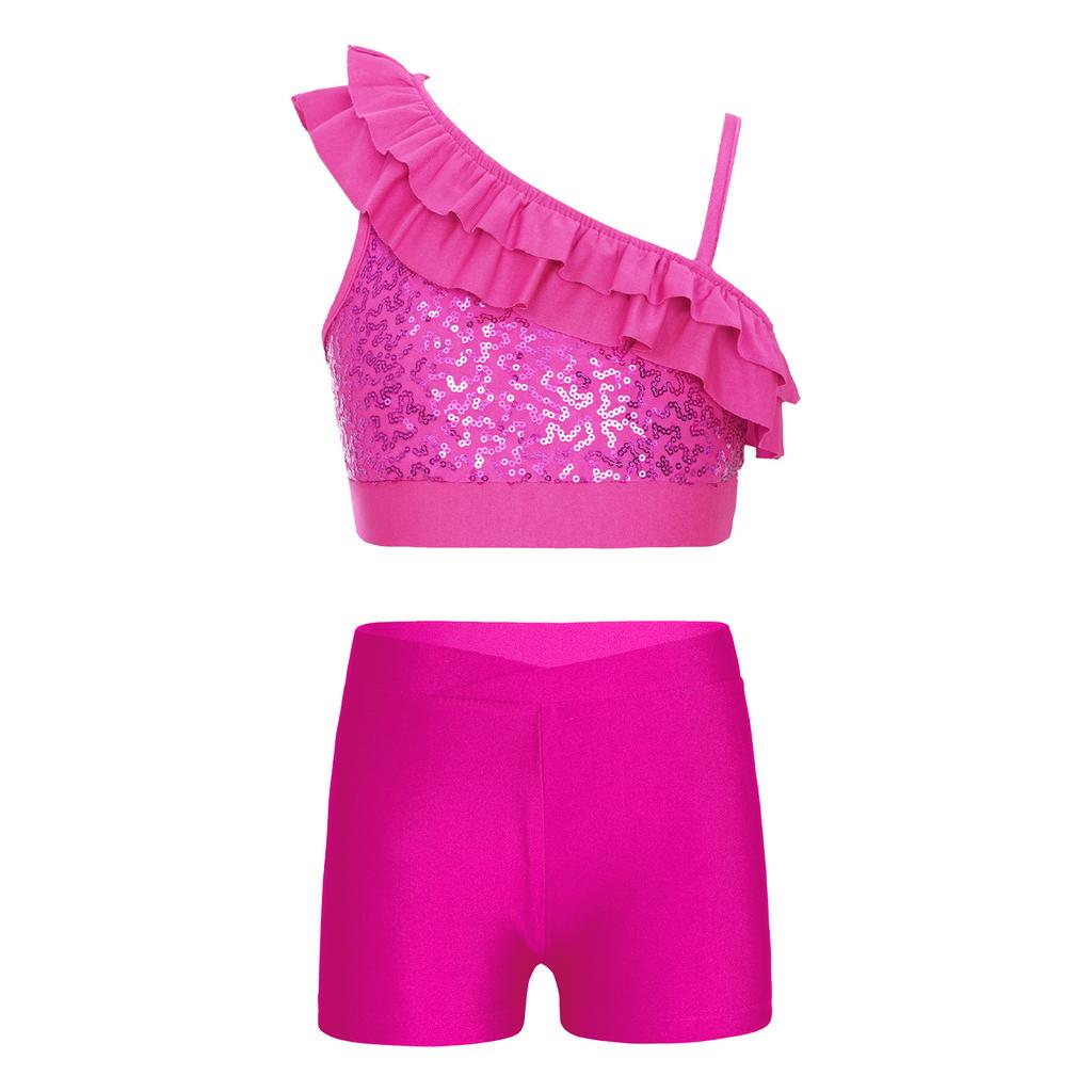 Dívčí Sequin Crop Top Set Asymetrické volánkové ramínka V-výstřih v přední části Pasové šortky Tanec Soutěž