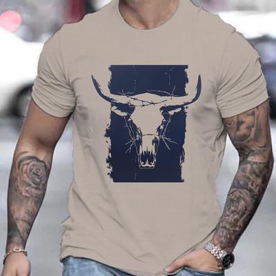 Summer Men's 100% Pure Cotton Casual Loose Plus Size Western Bull Head Pattern Printed Round Neck Short Sleeved T-shirt Top