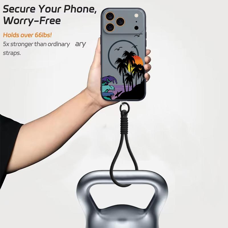 Creative Coconut Sunset Pattern Hand Strap Case For iPhone 17 Pro Max iPhone 16 15 14 13 Pro Max Magnetic For Magsafe Hybrid TPU+PC Matte Cover