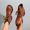 Women Boots Retro Round Toe Chunky Heels Ankle Boots Autumn New High Heels Shoes Woman Lace Up Platform Fur Big Size Short Boots