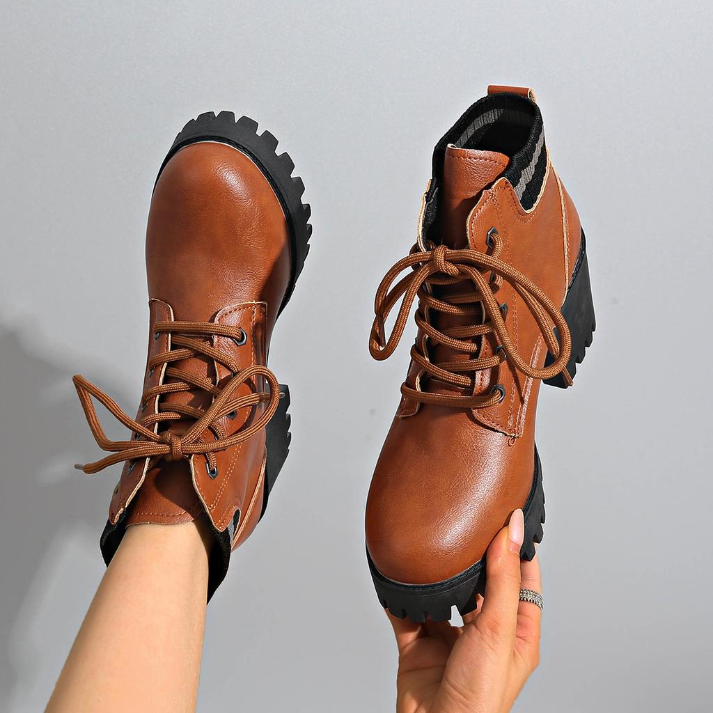 Women Boots Retro Round Toe Chunky Heels Ankle Boots Autumn New High Heels Shoes Woman Lace Up Platform Fur Big Size Short Boots
