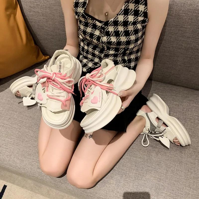 Fashion Fashion Sports Platform Sandals  Summer Thick Bottom Wedge Walking Shoes Woman Peep Toe 2024 Lace Up Chunky