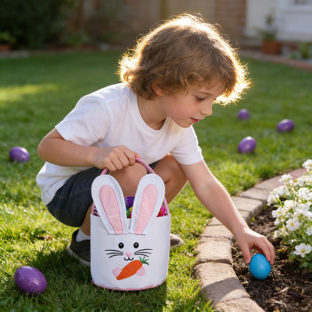 Easter Egg Bucket, Cloth Easter Bunny Basket, Bunny Face Printed Basket, Easter Egg Treasure Bucket With Handle, Party Gift