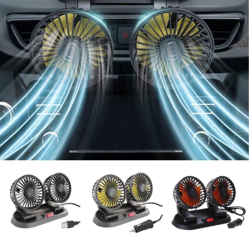 12V/24V Car Cooling Fan Dual Head 360° Rotation Vehicle Mounted USB Fan Auto Cooler Fan for Dashboard Air Circulator Fan
