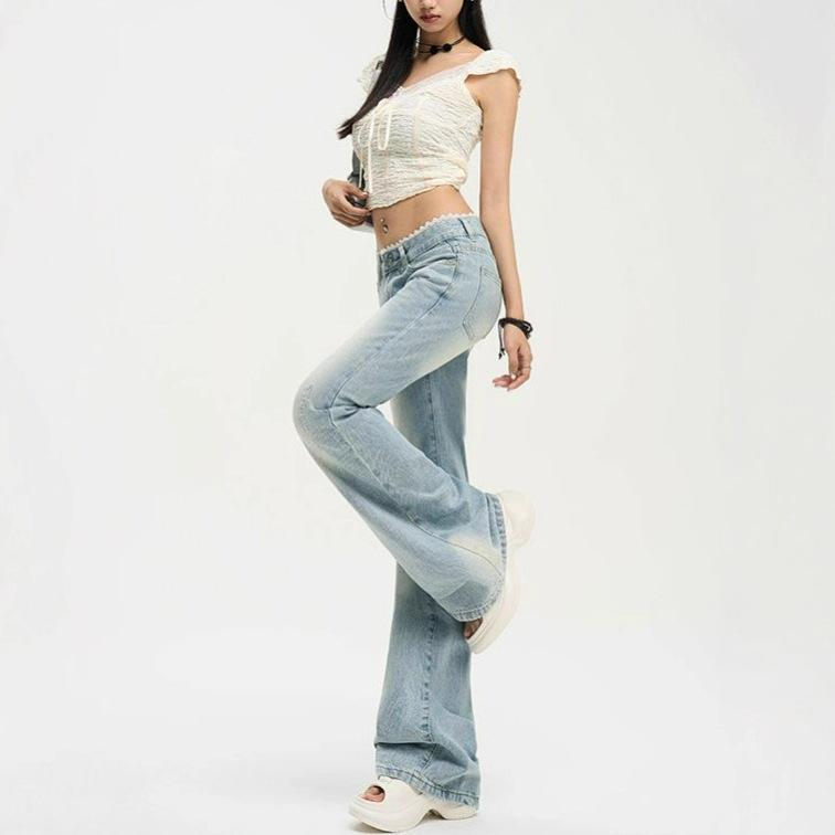 Koronkowe wstawki Mikro-szerokie Jeansy Damskie Letnie Prane Niebieskie Retro Obcisłe Spodnie Jeansowe z Niskim Stanem Retro Street Style Luźne Długie Jeansy dla Pań