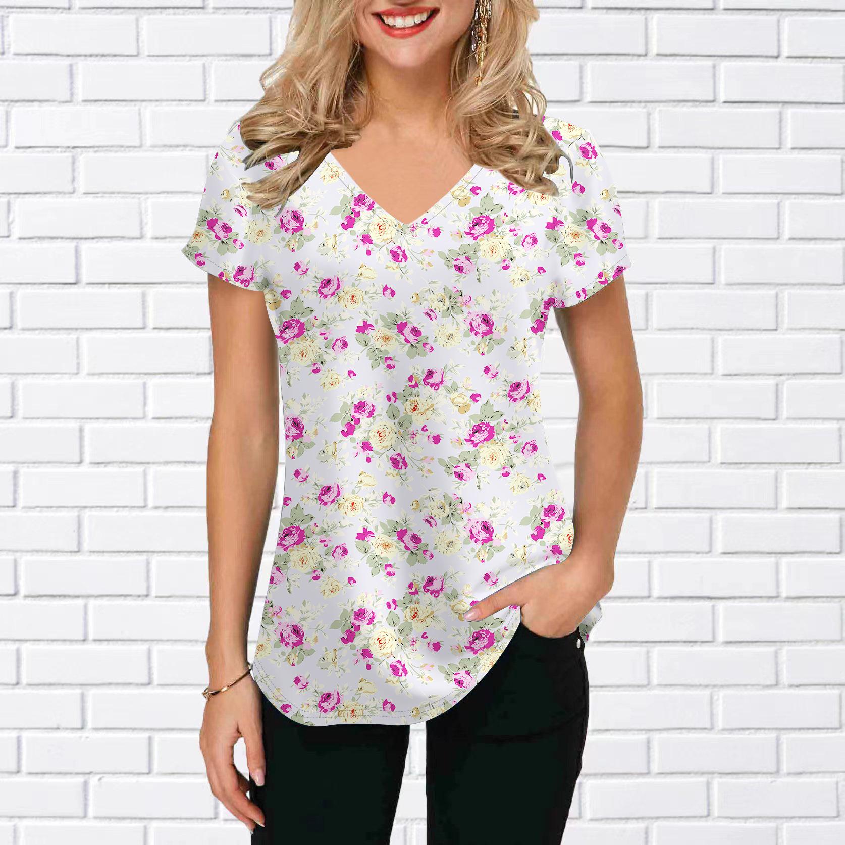 

Женская футболка с V-образным вырезом и коротким рукавом с принтом подсолнухов, синего и цветочного моря, свободная повседневная блузка 8XL розовый