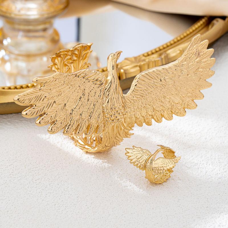 2 Pcs Gold Phoenix Cuff Bracelet Ring Set Exquisite Carved Details Adjustable Size Great For Party Prom Gift