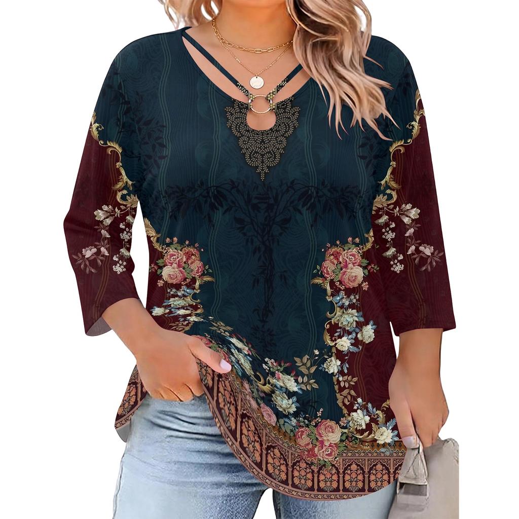 Blusa Floral Feminina Plus Size com Manga Três Quartos, Blusa Casual, Túnica de Corte Amplo para Primavera Verão, Uso Diário, Trabalho e Saídas