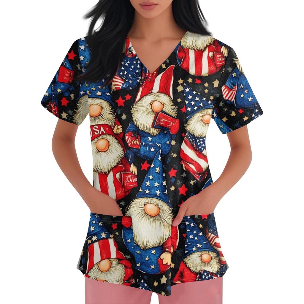 Happy Valentine's Day Women's Fashion V-neck Short Sleeve Workwear With Pockets Tops