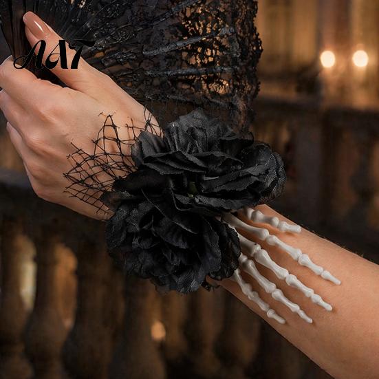Festival Party Wrist Accessory Gothic Flower Corsage for Halloween Party, Black Wedding Corsage, Romantic Costume Decoration Floral Day of The