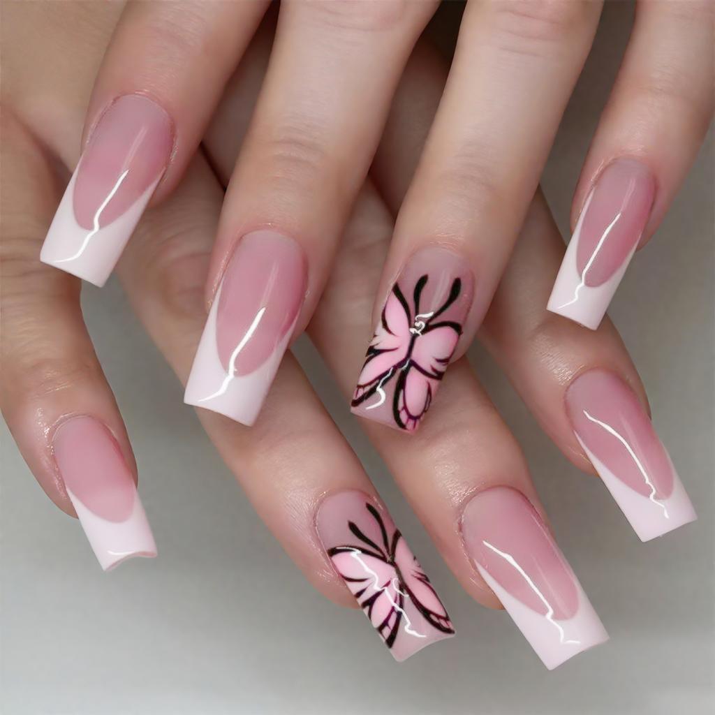 24PCS French Pink False Nails with White Tip Easy Effortless Application to Nails for Fingernail DIY Decoration