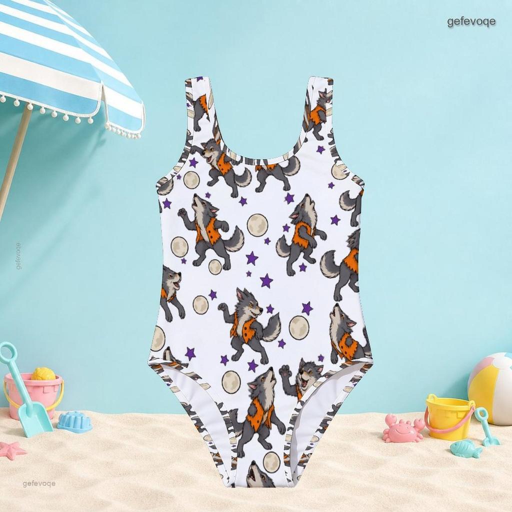 Girls Sleeveless Scoop Neck Wide Straps One Piece Swimsuit Cartoon Wolf Printed White
