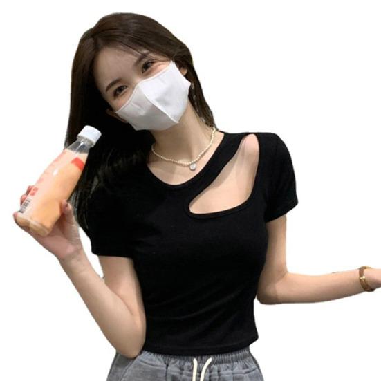 Top decupat de vară, cu gât în ​​U, cu mâneci scurte, pulover de culoare solidă