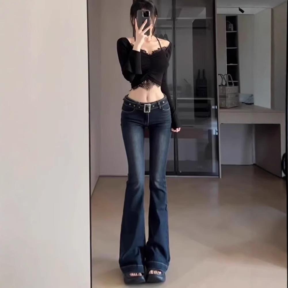 Autumn 2025 Women's Dark Blue Mid-Rise Micro-Flare Slimming Stretch Jeans