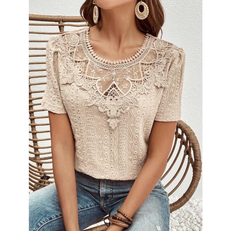Nuova Blusa Estiva con Inserti in Pizzo da Donna Camicie Scollo Tondo Traforate Top alla Moda Manica Corta Colore Unito Dolce Abbigliamento Largo Elegante
