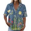 Damen Mode Polo Kragen Knopf Vintage Blumendruck Lockerer Schnitt Kurzarm T-Shirt Leinenmischung Lässiges Oberteil