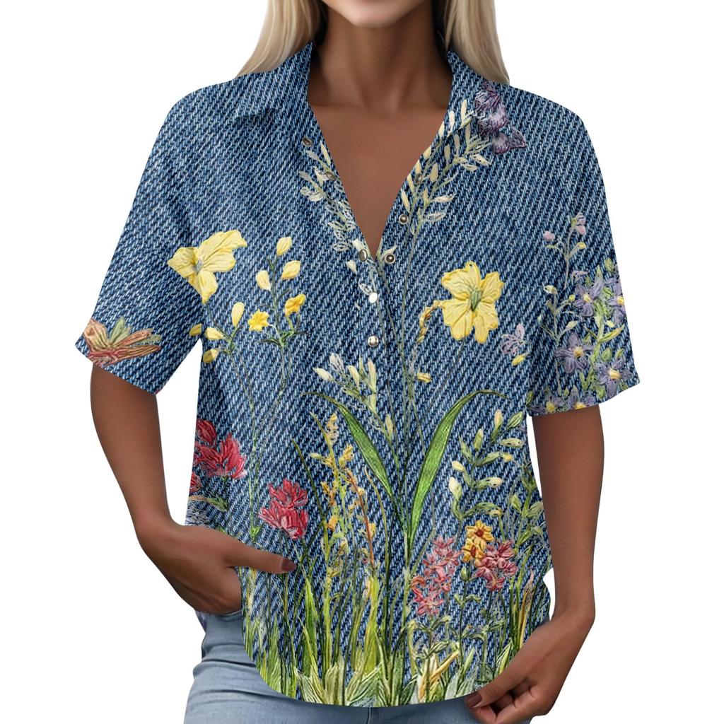 Damen Mode Polo Kragen Knopf Vintage Blumendruck Lockerer Schnitt Kurzarm T-Shirt Leinenmischung Lässiges Oberteil