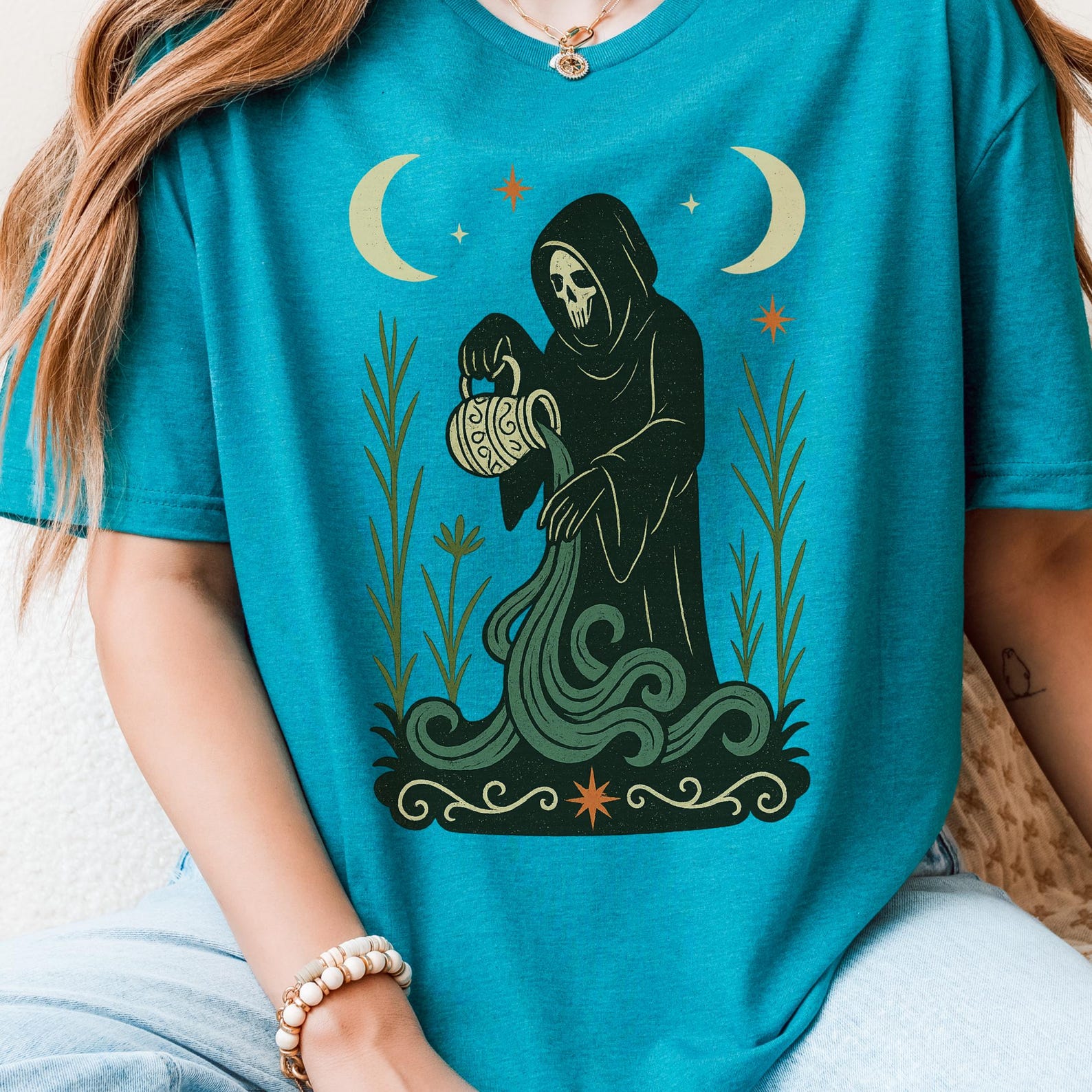 Aquarius Zodiac Grim Reaper T-Shirt: Folk Art Astrology Horoscope Tee S