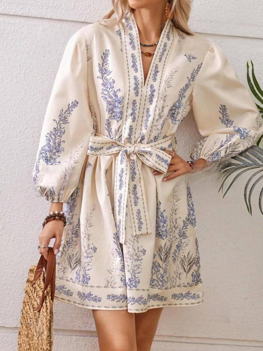 

Spring New Women s Fashion V-Neck Long Sleeve Bohemian Printed Dress XXL темного кольору хакі