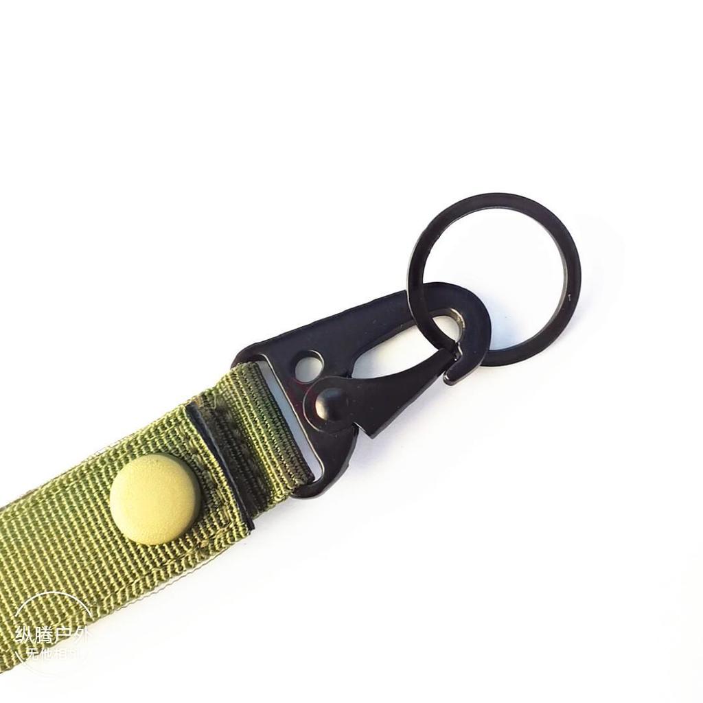 Tactical Camouflage Eagle Beak Buckle Keychain with Quick Release Carabiner and Nylon Webbing.
