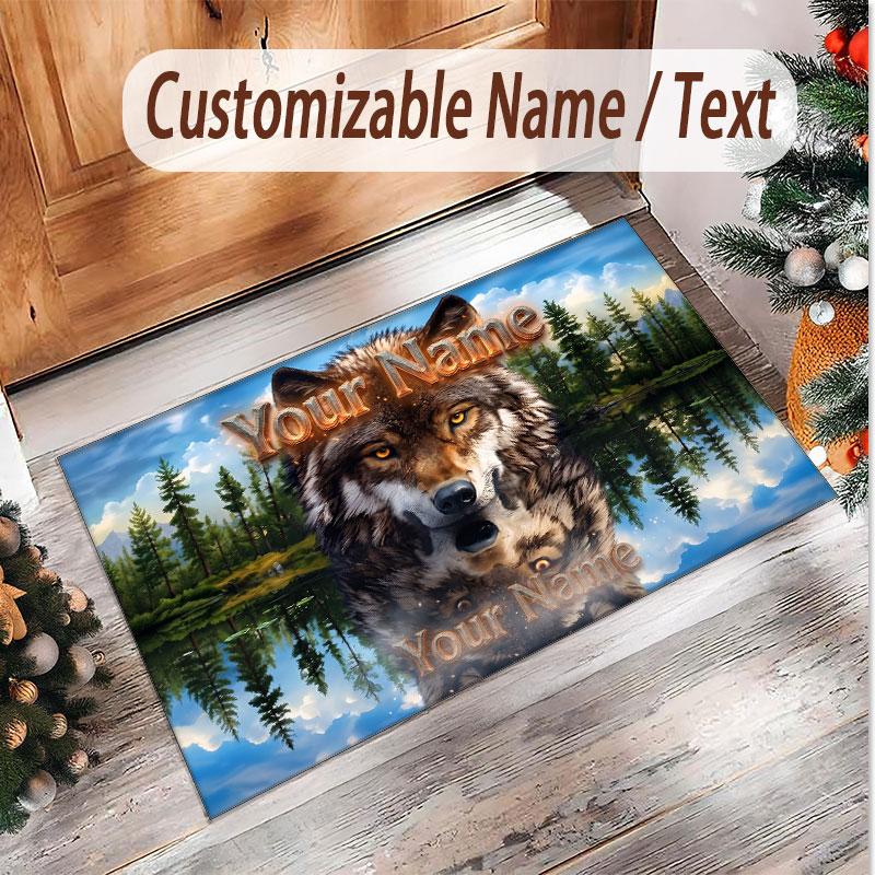 Wolf Theme Soft Crystal Velvet Rug Custom Name & Text Print Non Slip Floor Rug for Bedroom Living Room