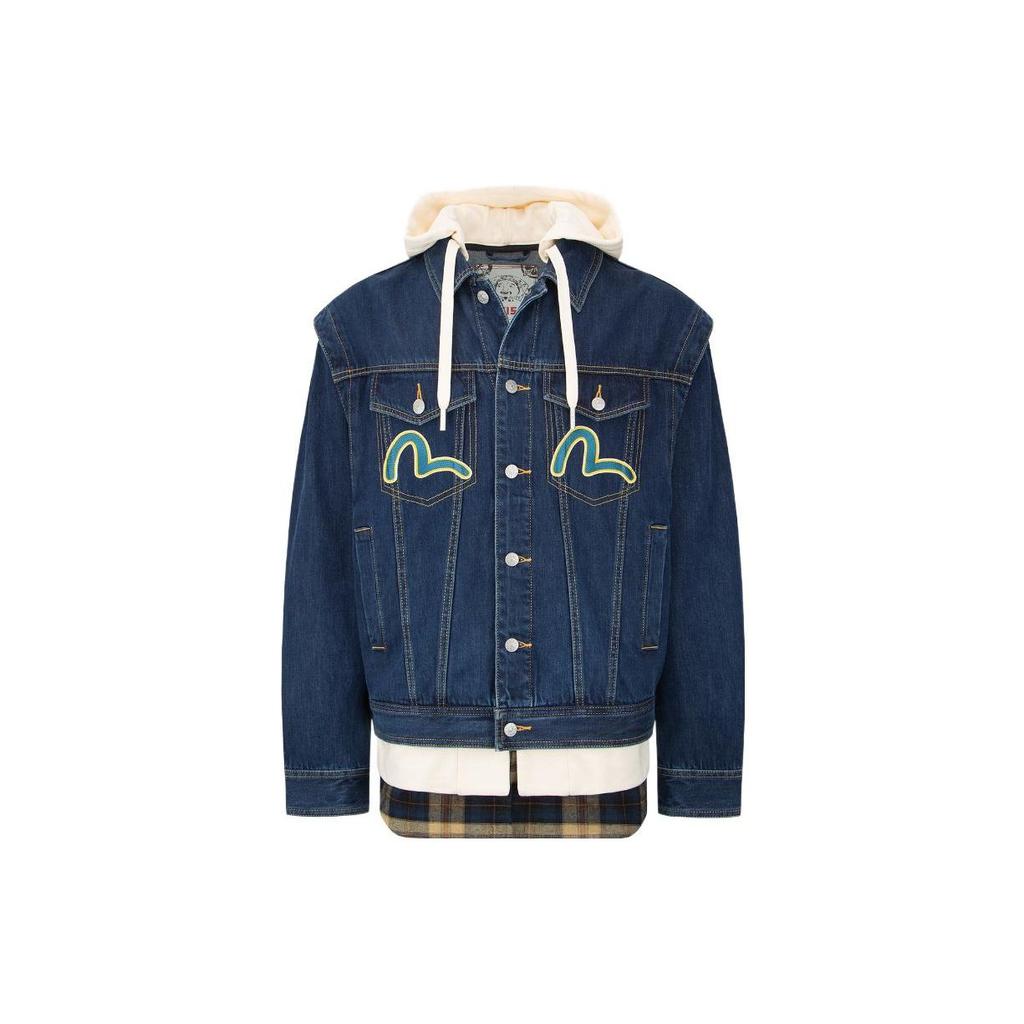 Evisu Daruma Lederetikett Zweiteiliger Look Kapuze Denimjacke Herrenjacken Blau 2EAHTM2DJ723LFCT