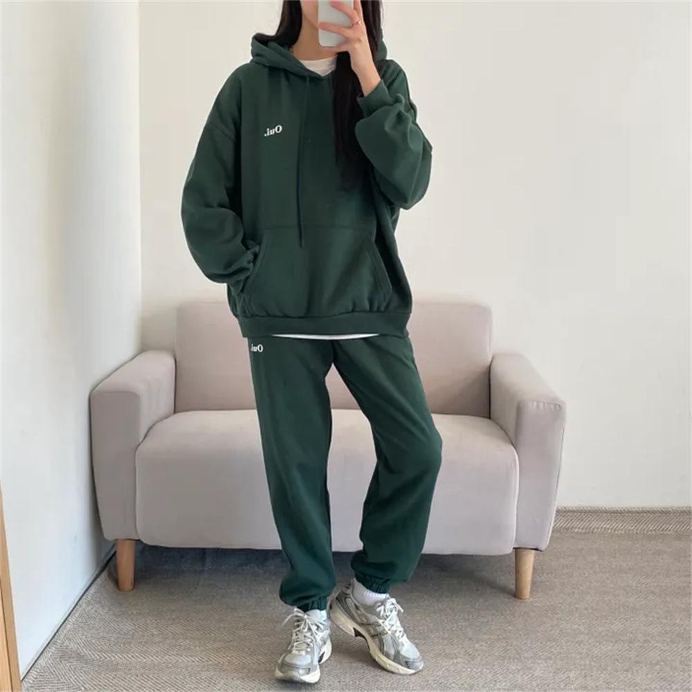 

Женский свободный спортивный костюм: Однотонный, Плюс Вельвет, Корейская Мода, Двойка для Весны и Осени Зимы XXL