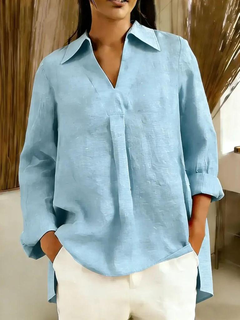 2025 European & Asian Solid Color V-Neck Lapel Long Sleeve Women's Casual Top