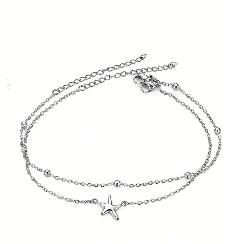 2Pcs/Set Stainless Steel Star Double-Layer Anklets for Women Ladies Waterproof Small Hole Bead Foot Chains Jewelry Accessories