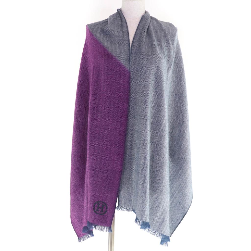 Great HERMES Stall H Logo Leather Patch Large Shawl purple cashmere Women Used