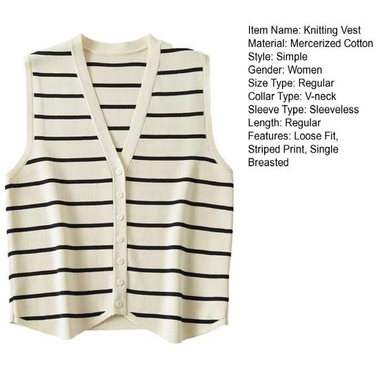 Women Knitting Vest V-Neck Sleeveless Single Breasted Striped Print Vest Wrinkle-Resistant Knitwear Daily Wear