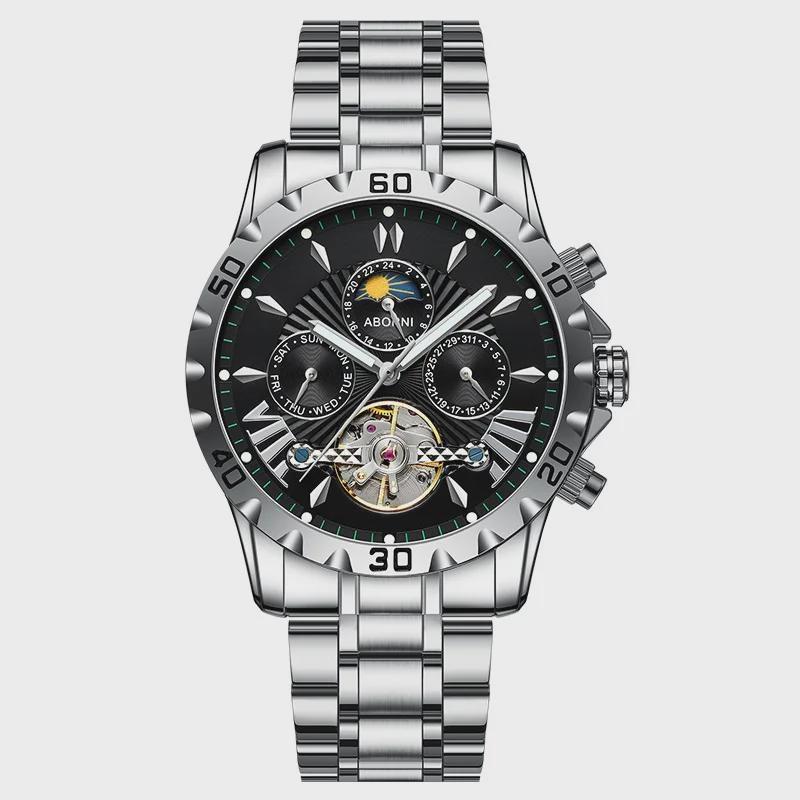 Men Business Casual Mechanical Watch Calendar Week Moon Phase Multifunctional Waterproof Luminous Stainless Steel Wristwatch
