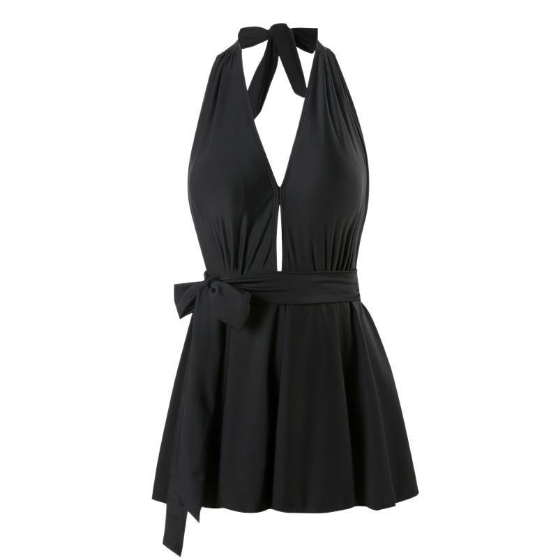 

Купальник женский, летний, сексуальный, с v-образным вырезом, с открытой спиной, цельная юбка, стильный топ с лямкой на шее, купальник M чёрный