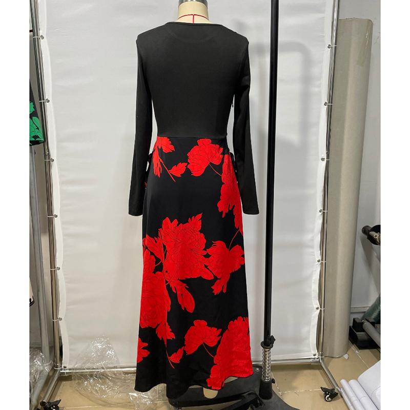 Rochie Casual Elegantă Slim cu Mâneci Lungi de Primăvară pentru Femei, Modă Toamnă, Imprimeu Îmbinat, Rochii Lungi Vintage pentru Femei, Talie Înaltă, Linie A, Rochie Sexy de Petrecere 25943