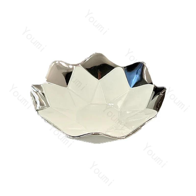 Creative Irregular Ceramic Plate Light Luxury Silver Edge Fruit Snack Plates Home Afternoon Tea Dessert Plate Unique Tableware