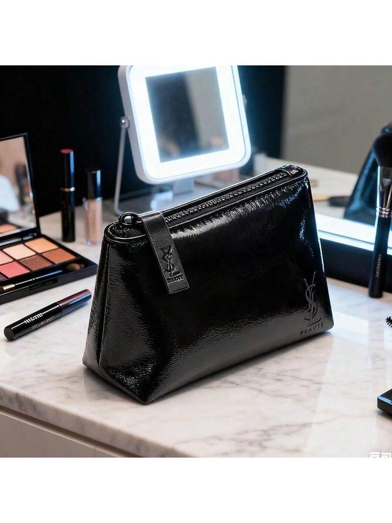 YSL-Women’s Black Rectangular Makeup Bag, Handheld Travel Cosmetic Organizer Pouch, Portable Daily Storage Clutch