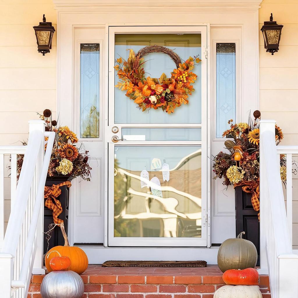 Fall Wreath Maple Leaves Pumpkin Thanksgiving Wreath Fall Decor Artificial Party Decorations For Indoor Outdoor Living Room