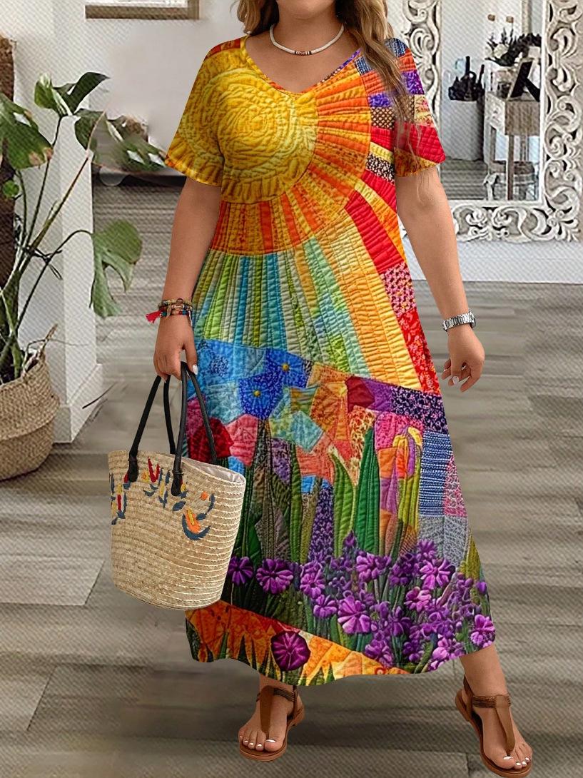 Plus Size European Style Printed Summer Rainbow Pleated Dress XXL цветочный
