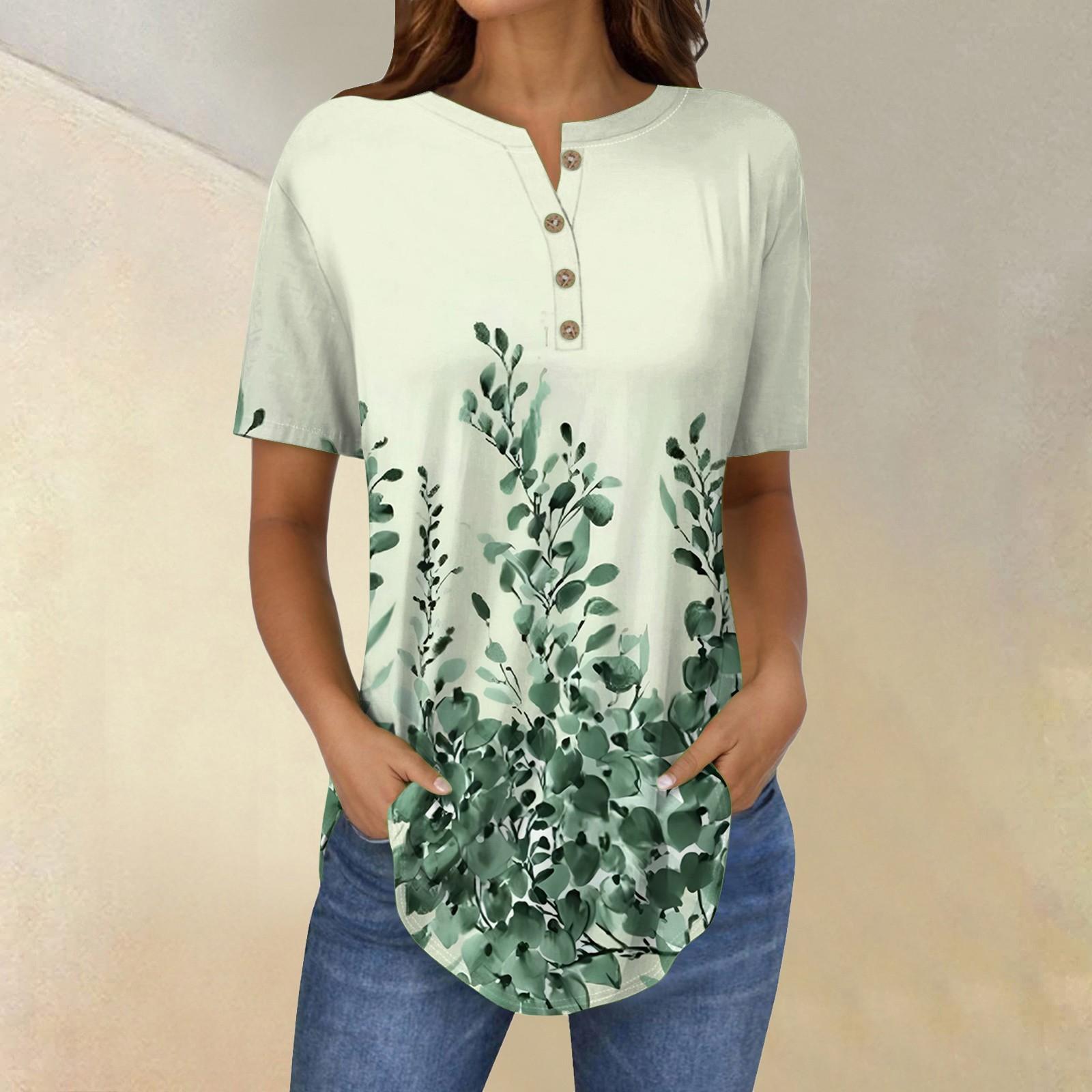 

Short Sleeve Womens Tops Summer T-Shirts Floral Print V Neck Casual Basic Tee Button Shirts Tunic Tops XXL