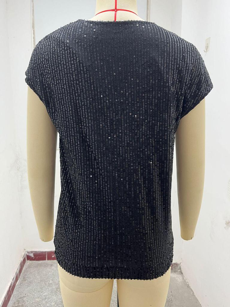 Top da festa da donna lucido con scollo a V e maniche corte a paillettes