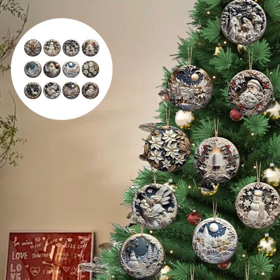 Christmas Wooden Ornaments Round Vintage Nativity Scene Santa Snowman Hanging Decoration for Xmas Tree Winter Party Home Decor