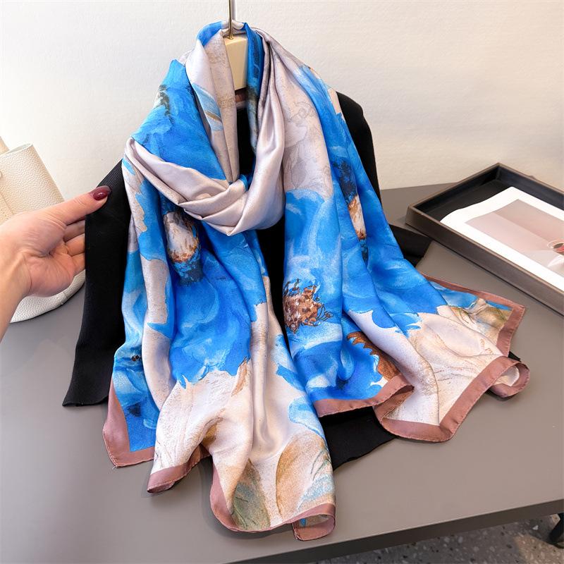 Spring And Summer Thin Print Simulation Silk Brocade Sunscreen Light Rhyme Blue Flower Silk Scarf Long Scarf Shawl Versatile Headscarf Scarf