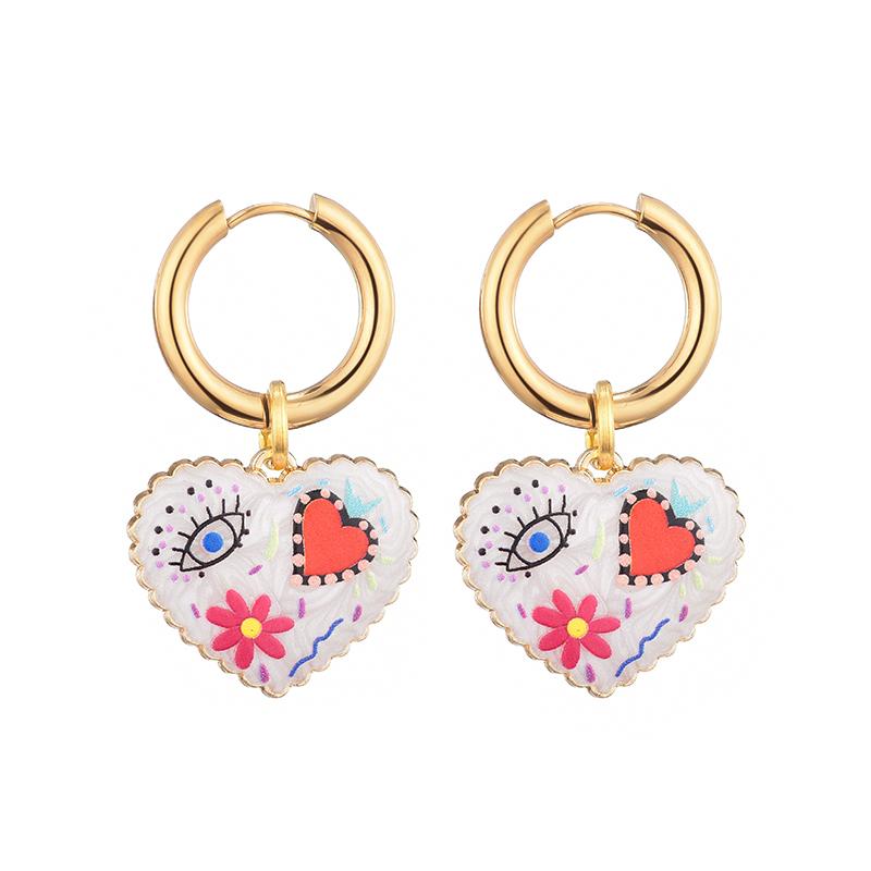 

New Fashion Heart Eye Flower Pattern Stainless Steel Hoop Women s Earrings Vintage Enamel Gold Color Love Pendant Female Zircon