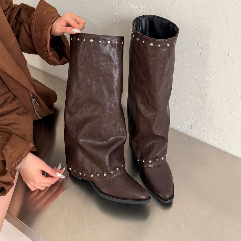 Maillard trouser boots spring and autumn new pointed high tube thick heel belt buckle heightening stack boots knight boots long boots