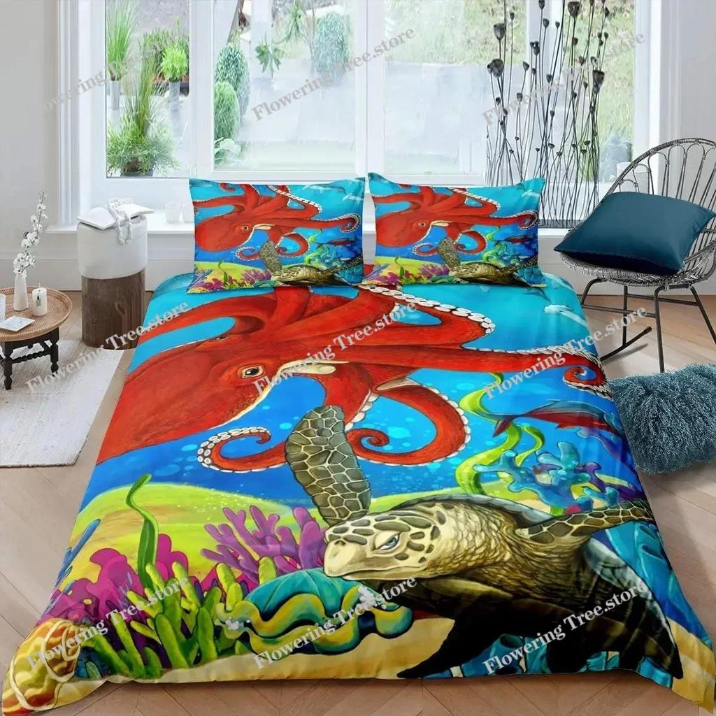 Cartoon Octopus Bedding Set KingQueen Size,Ocean Underwater World Duvet Cover Kids Sea Coral Fish Polyester Quilt Cover