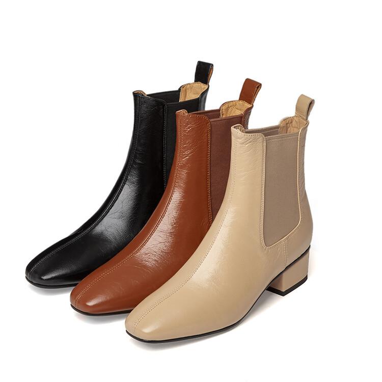 Francouzské čtvercové špičky střední podpatek silný podpatek krátké boty dámské 2025 podzim a zima nové korejská verze hovězí kůže jednoduché a všestranné elastické