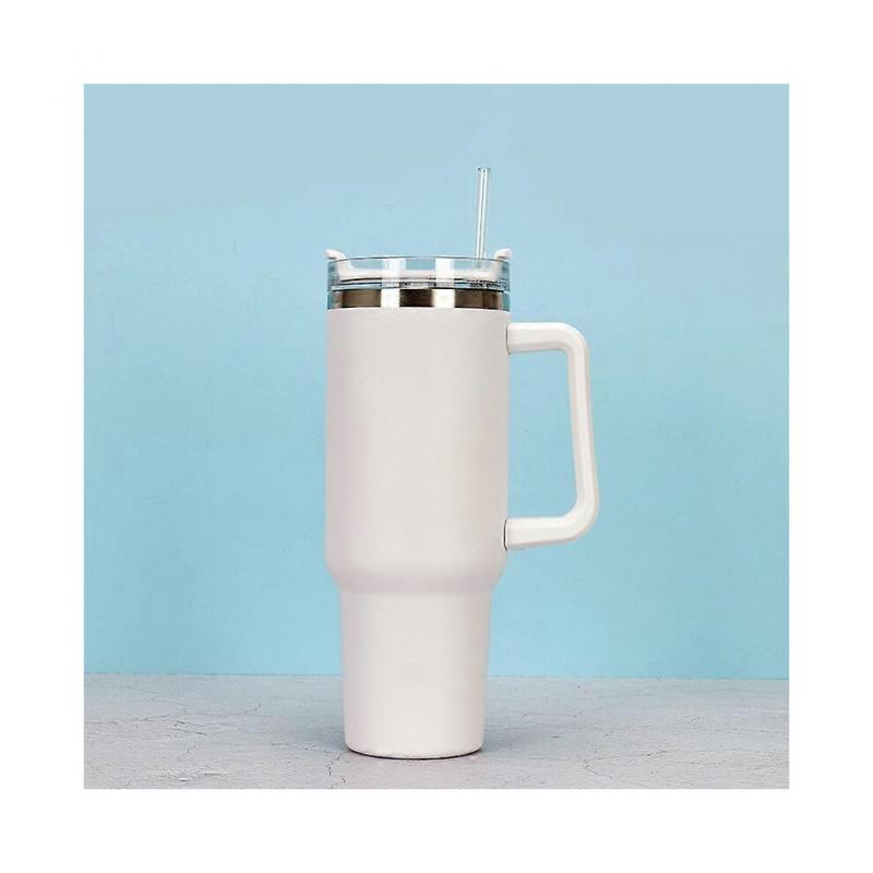 (Weiß)Edelstahl Wasserbecher Große Kapazität Vakuum Strohhalmbecher Griff Kaffeetasse