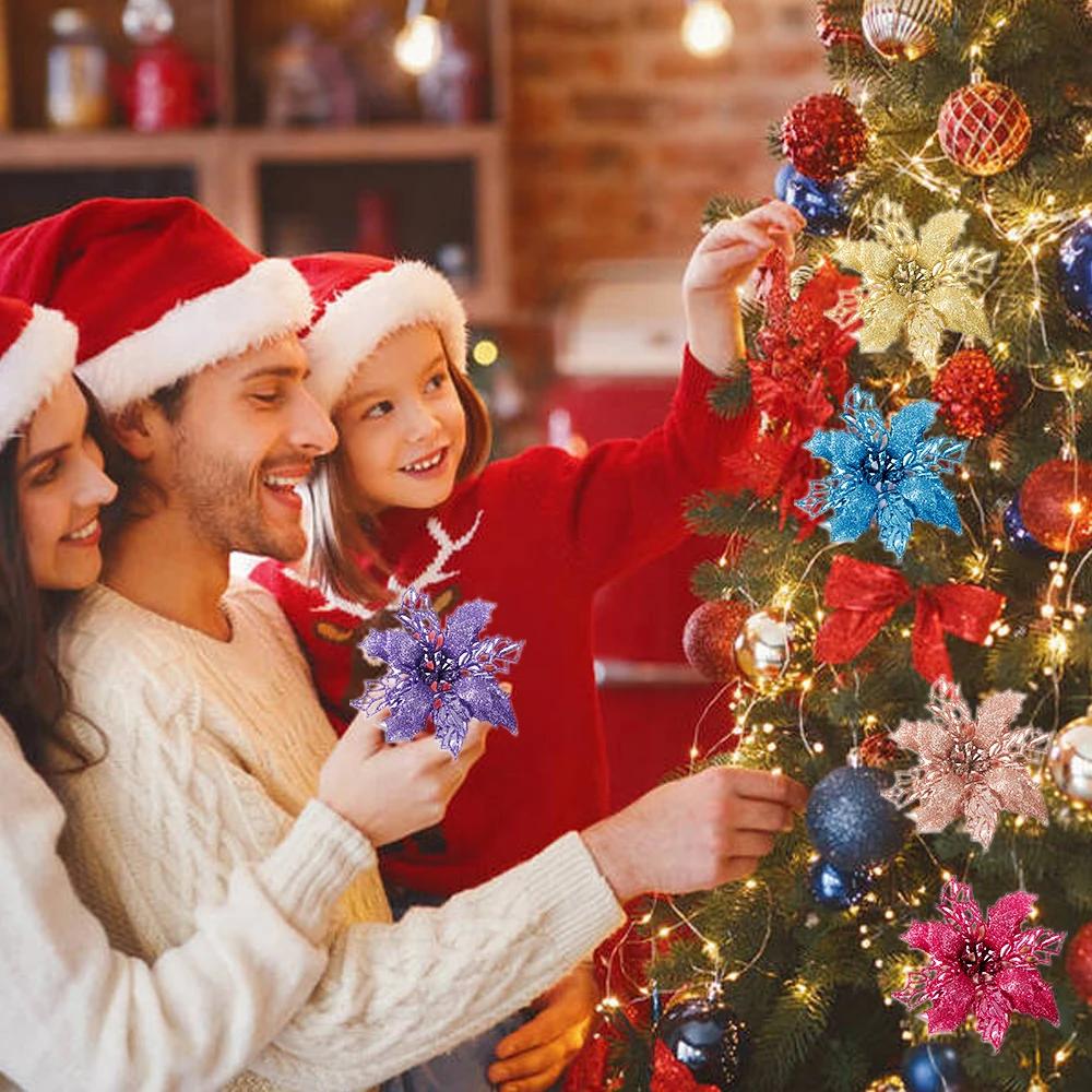 9cm Glitter Artifical Christmas Flowers Christmas Tree Wreath Decorations Fake Flowers Xmas Garland Ornaments New Year 2025